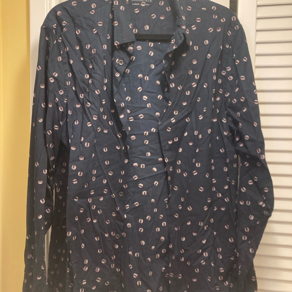 All Saints Button Up Shirt Dark Blue and Bead Pattern